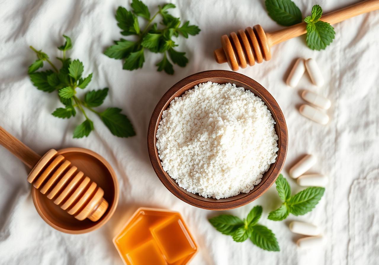 Natural ingredients used in Horse Hooves Gelatin: collagen powder, herbs, honey and capsules